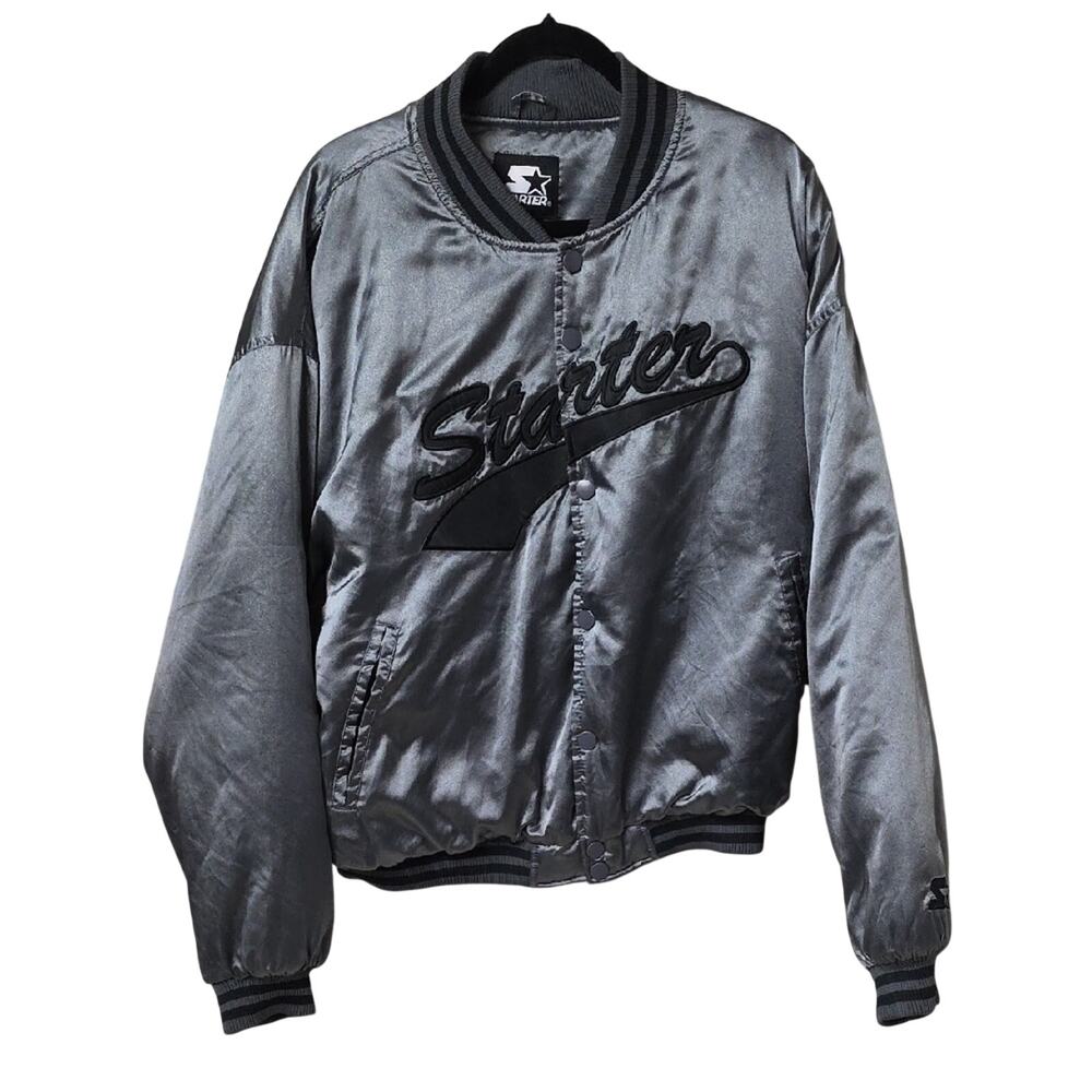 Starter Black Label Silver Grey Satin Bomber Jacket Mens Size Large